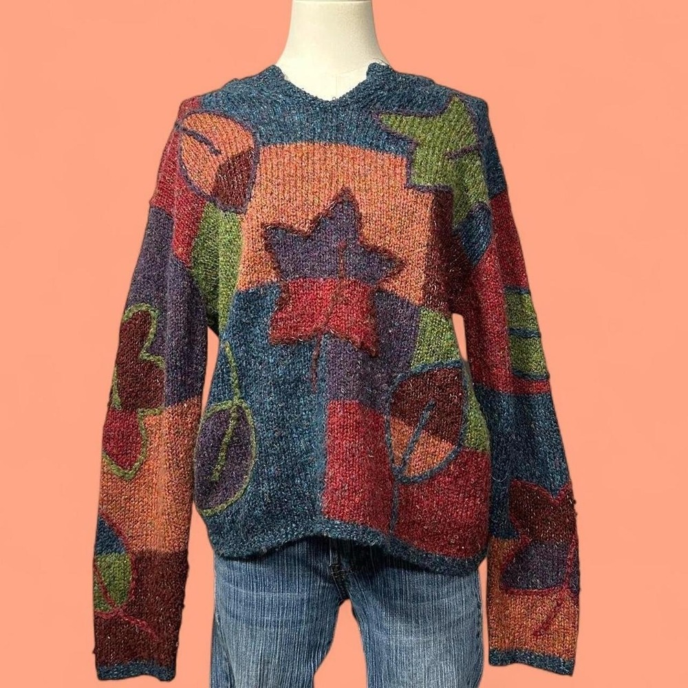 Vintage Multicolor Autumn Leaf Patchwork Oversized Sweater Womens M Boho Cottage